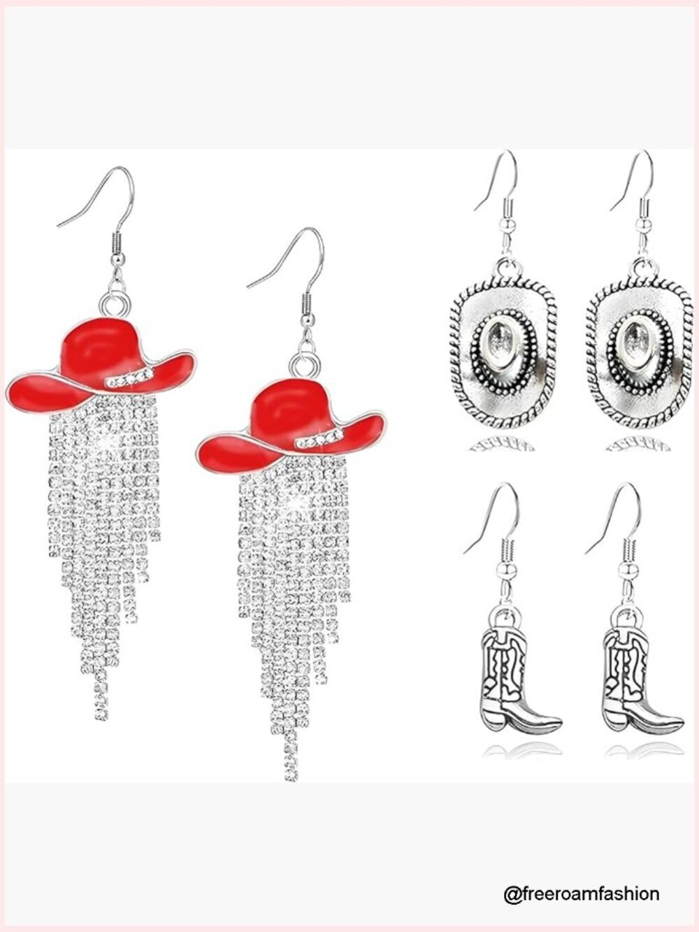 3 Pairs Western Cowgirl Earrings Tassel Rhinestone Chandelier Hat Earrings